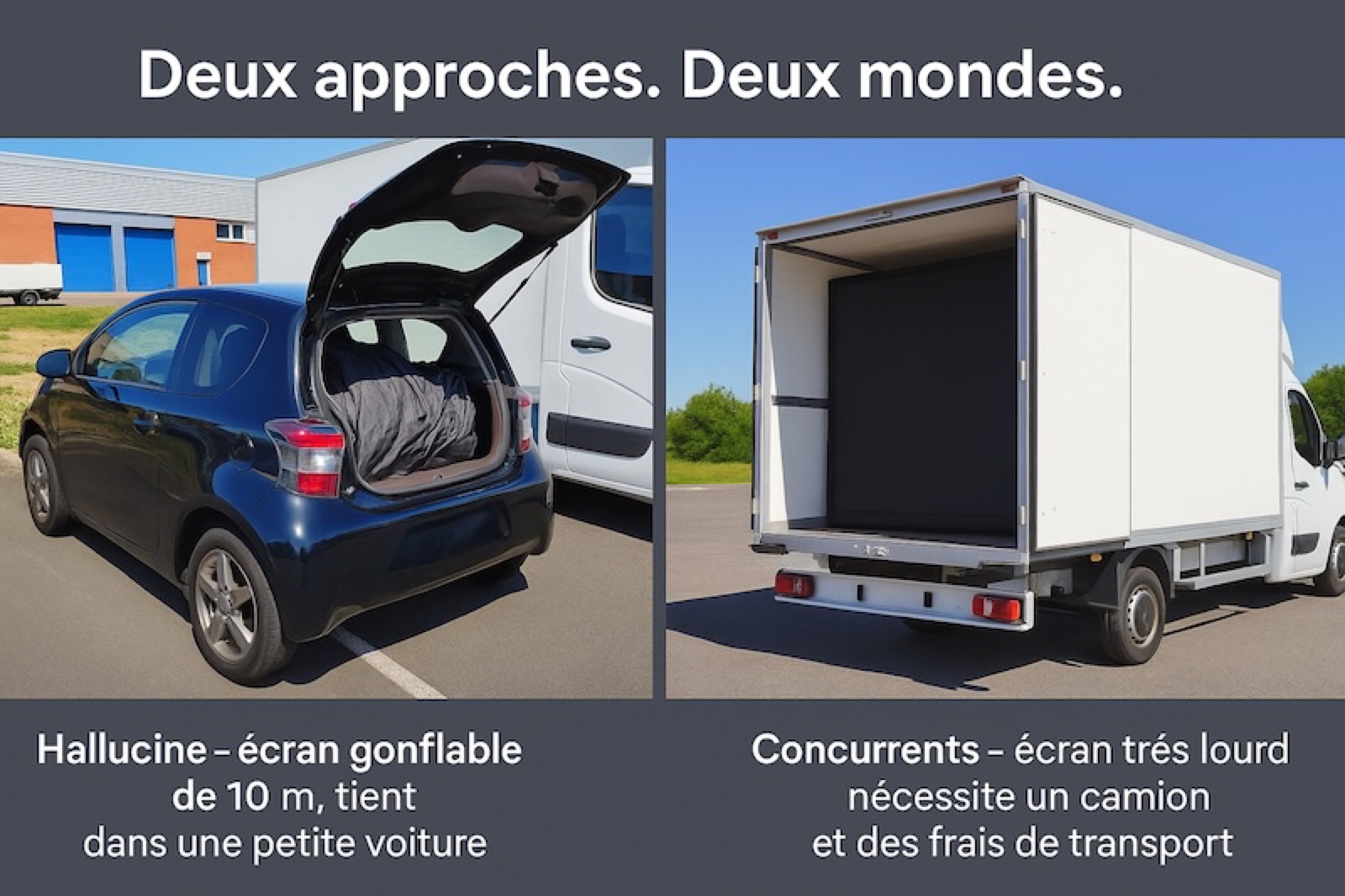 A 10-metre Hallucine inflatable screen in the boot of a small car, compared to a rival screen that requires a lorry